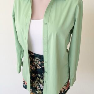 Foxcroft Tea-Green Button-Down Blouse AND SHEIN “grandma’s duvet” Skirt